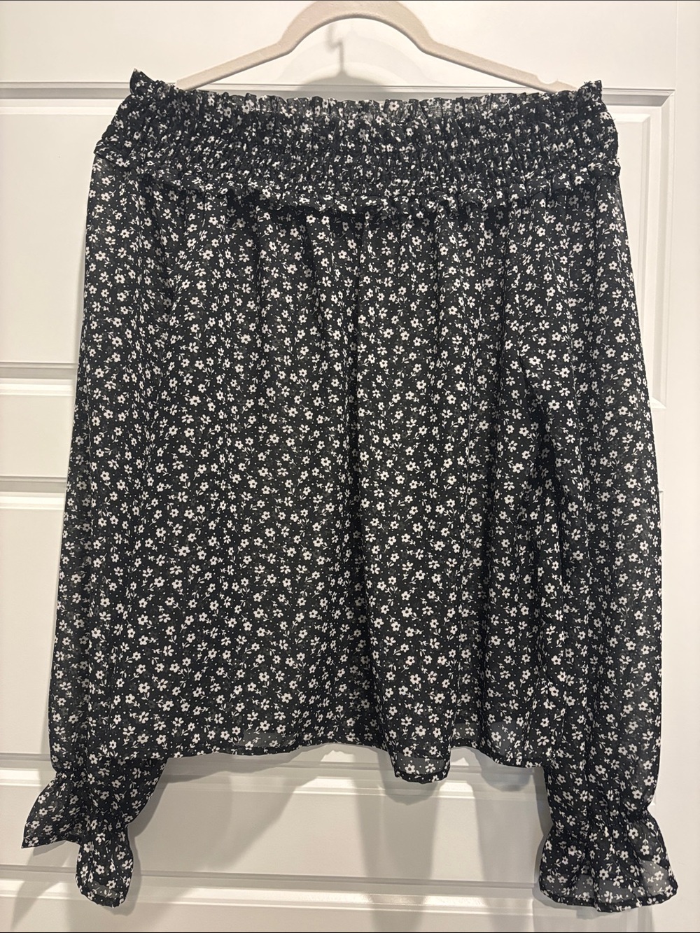 Wild Moss Black Floral Off-Shoulder Blouse with Smocked Neckline